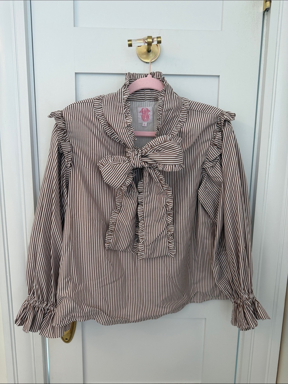Striped Ruffle Bow-Blouse in Brown and White